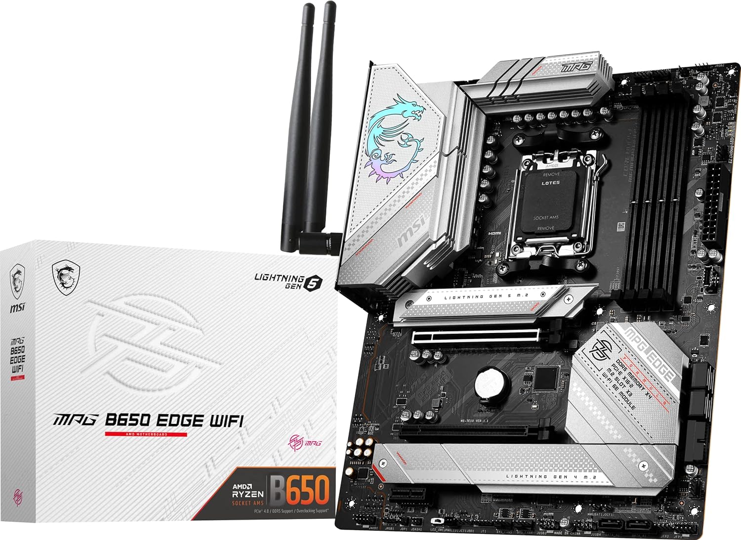 PLACA BASE PARA JUEGOS MSI MPG B650 EDGE WIFI - COMPATIBLE CON AMD RYZEN 8000/7000, SOCKET AM5, FORMATO ATX, MEMORIA DDR5, INTERFAZ PCIE 4.0, RANURAS M.2, SATA 6GB/S, PUERTOS USB 3.2 GEN 2, SALIDAS HDMI/DP, CONECTIVIDAD WI-FI 6E Y BLUETOOTH 5.3