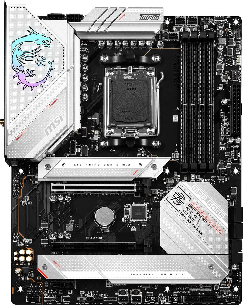 PLACA BASE PARA JUEGOS MSI MPG B650 EDGE WIFI - COMPATIBLE CON AMD RYZEN 8000/7000, SOCKET AM5, FORMATO ATX, MEMORIA DDR5, INTERFAZ PCIE 4.0, RANURAS M.2, SATA 6GB/S, PUERTOS USB 3.2 GEN 2, SALIDAS HDMI/DP, CONECTIVIDAD WI-FI 6E Y BLUETOOTH 5.3