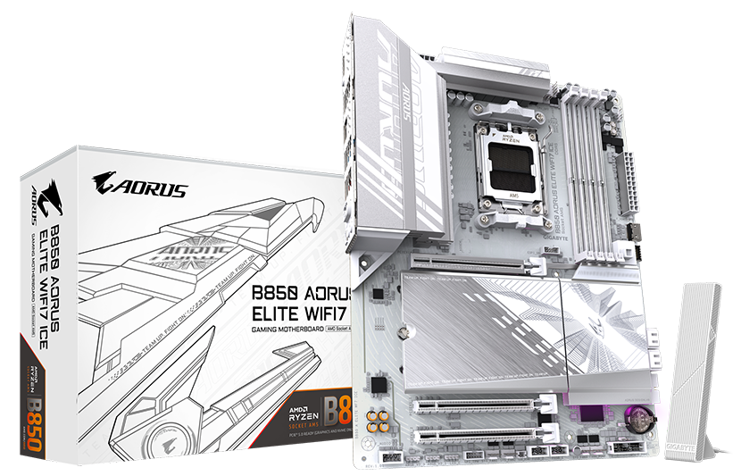 TARJETA MADRE GIGABYTE B850 AORUS ELITE WIFI7 ICE, CHIPSET AMD B850, SOCKET AMD AM5, FORMATO ATX, CONECTIVIDAD WIFI7