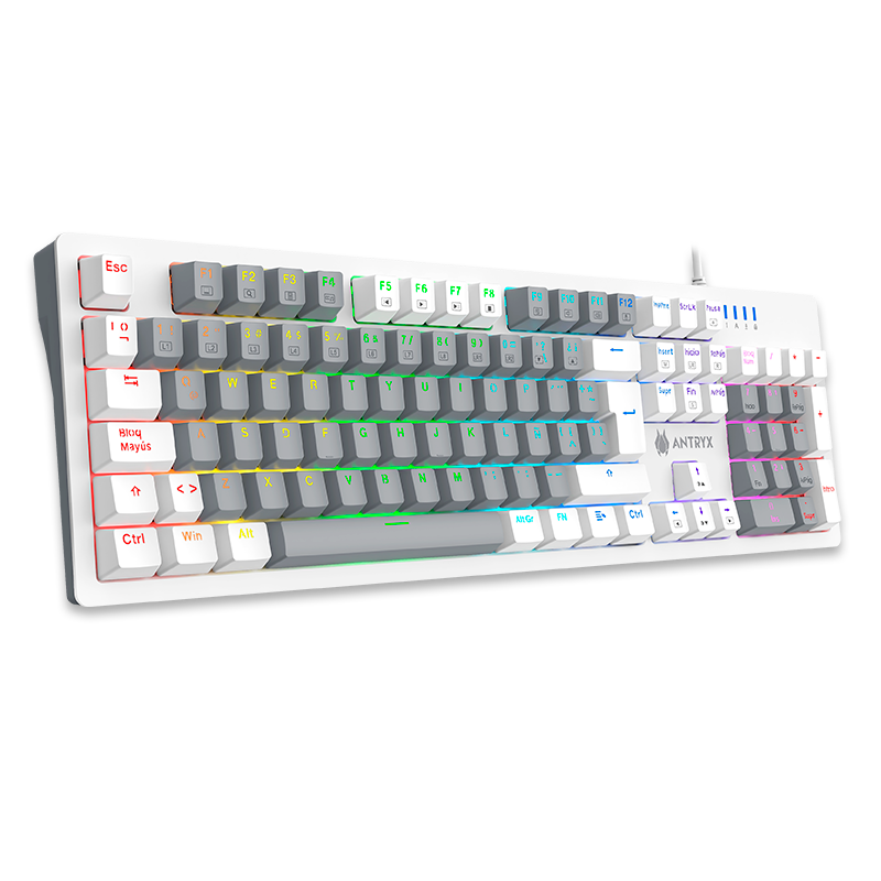 TECLADO MECÁNICO ANTRYX MK860L WHITE & GRAY CON SWITCH MORADO, ILUMINACIÓN RGB Y DISEÑO ERGONÓMICO