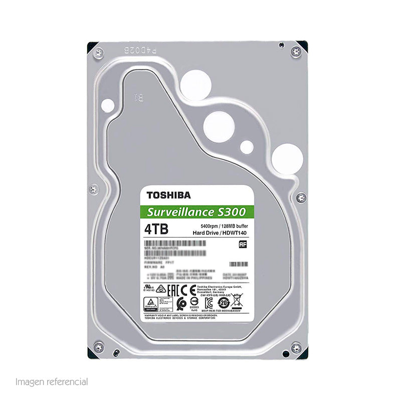UNIDAD DE DISCO DURO TOSHIBA S300 DE 4TB PARA VIDEOVIGILANCIA, MODELO HDWT840UZSVA, 7200 RPM, INTERFAZ SATA 6.0 GB/S, CACHE DE 128 MB