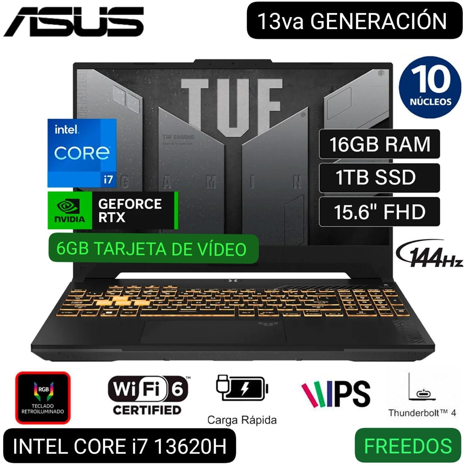 NOTEBOOK ASUS TUF GAMING F15 FX507VU-LP180 I7-13620H, 16GB RAM, 1TB SSD, RTX 4050 6GB - POTENCIA Y RENDIMIENTO EXCEPCIONALES PARA GAMERS Y PROFESIONALES DEL DISEÑO